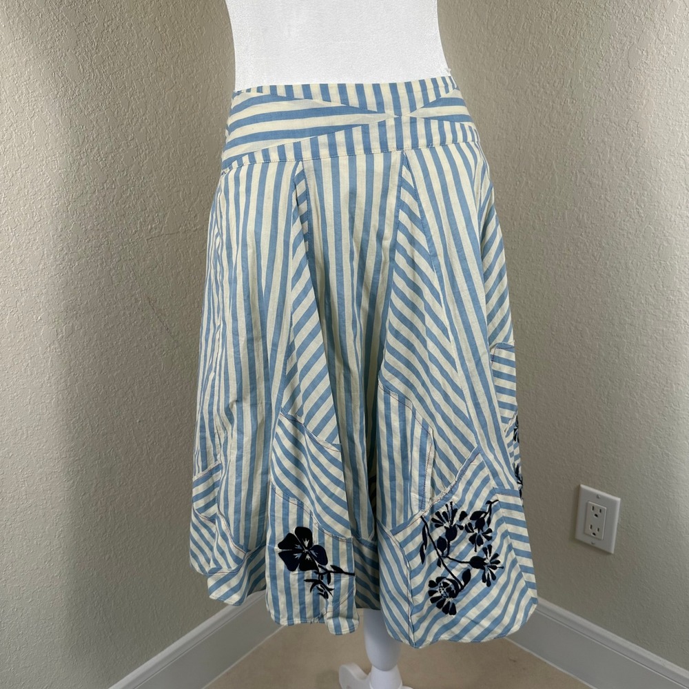 Anthropologie‎ Lithe Skirt Women 0 Blue Striped Floral Cotton Cottagecore Boho